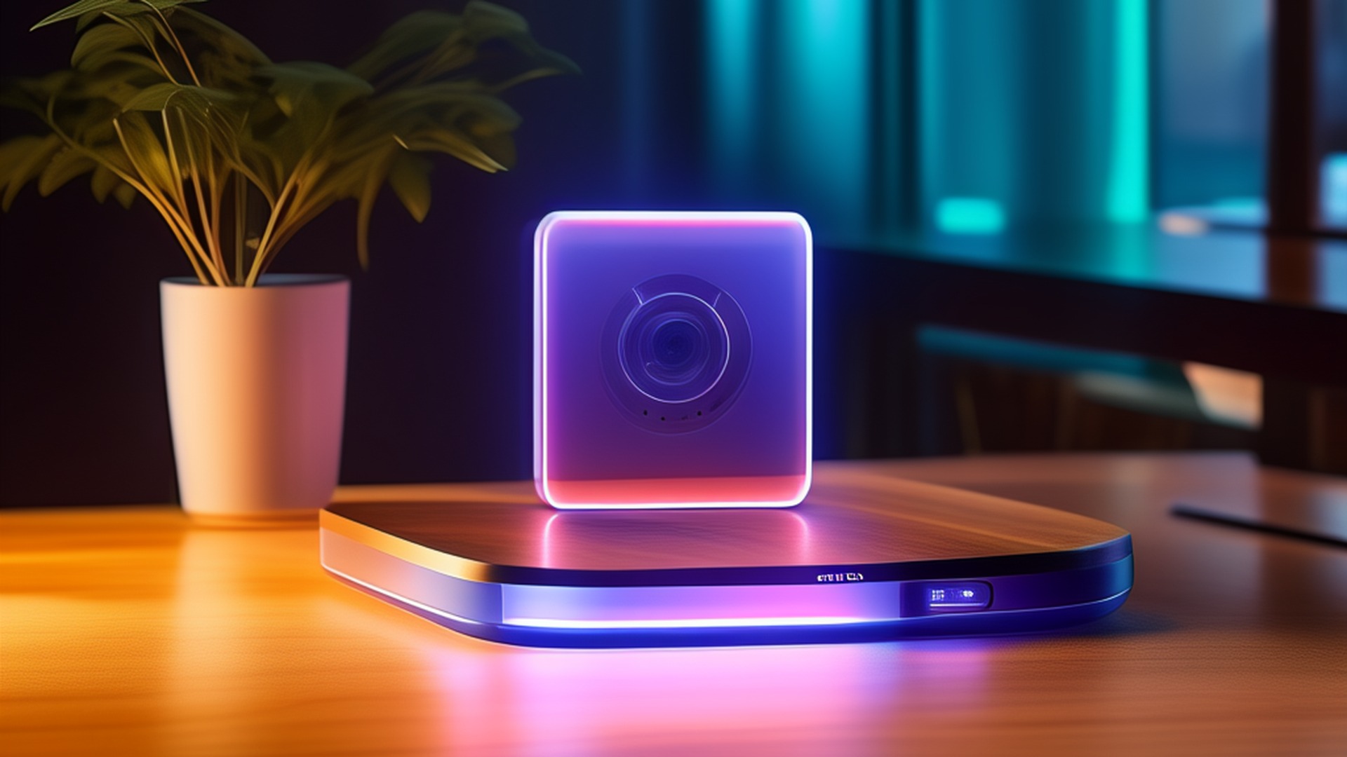 Feaia Aurora Device on wooden desk with holographic projection